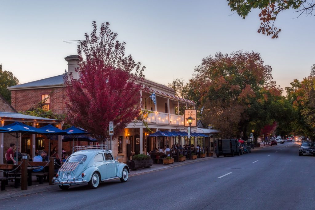 Image of old car parked in the Main Street of Hahndorf